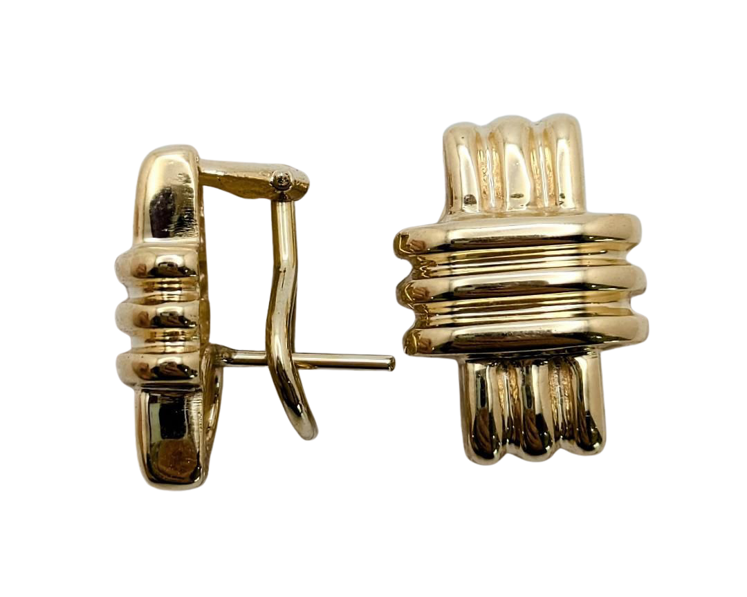 Crosshatch Earrings with French Omega Backs - Yellow Gold
