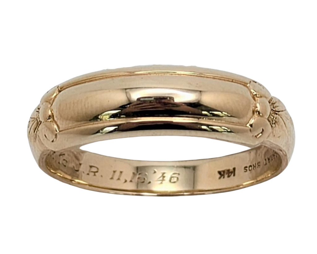 Mid-Century Domed Band with Leaf Accents - Yellow Gold
