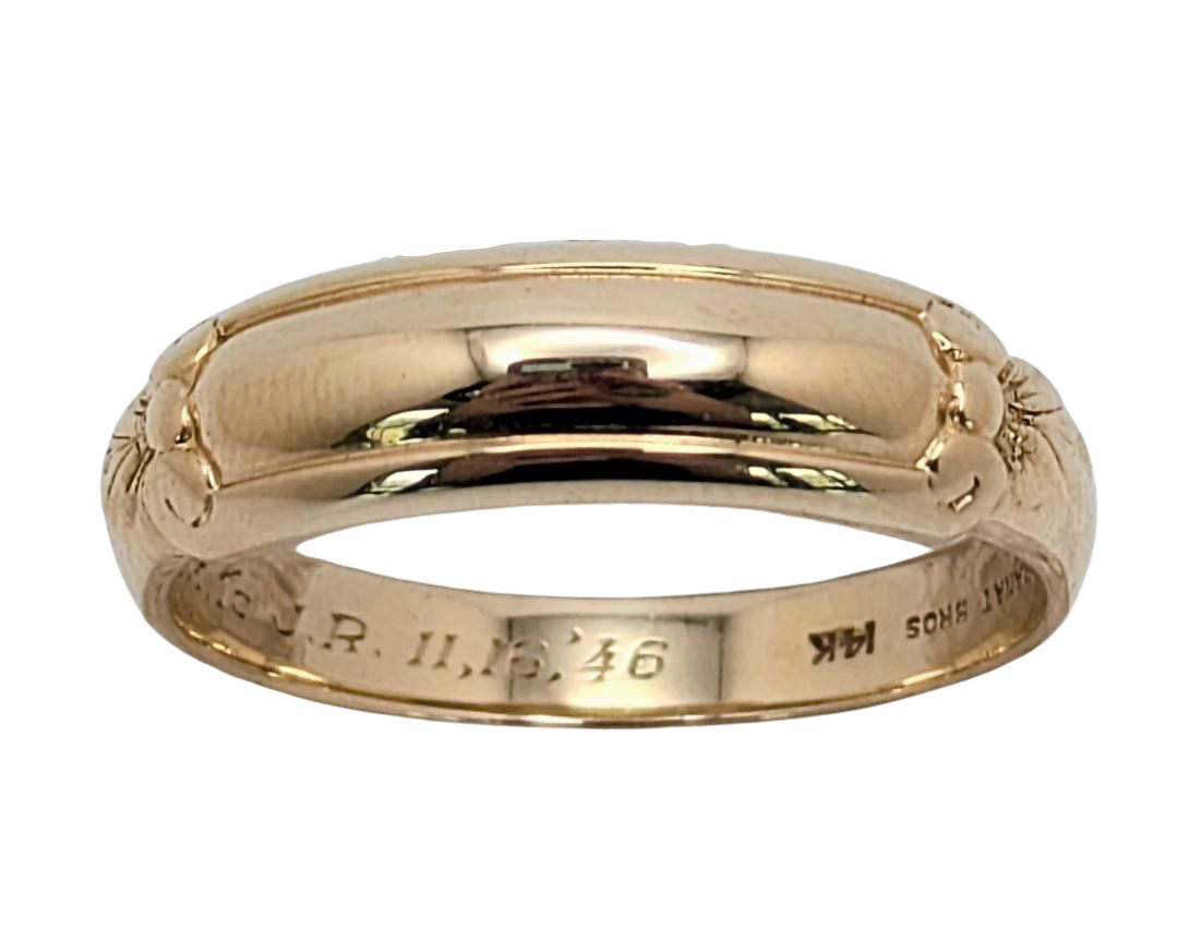 Mid-Century Domed Band with Leaf Accents - Yellow Gold