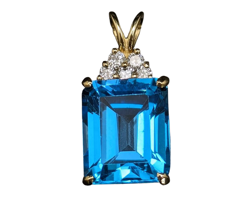 Emerald Cut Blue Topaz Pendant with Diamond Accents - Yellow Gold