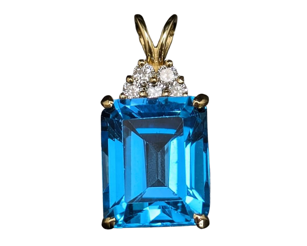 Emerald Cut Blue Topaz Pendant with Diamond Accents - Yellow Gold