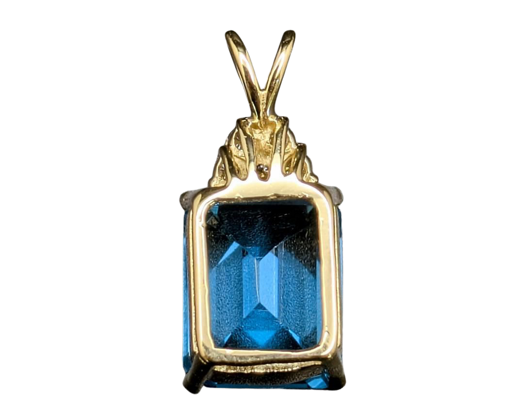 Emerald Cut Blue Topaz Pendant with Diamond Accents - Yellow Gold
