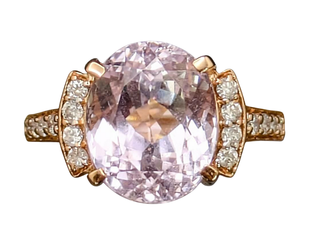 Oval Kunzite Ring with Accenting Diamonds and Filigree Heart Gallery - Yellow Gold