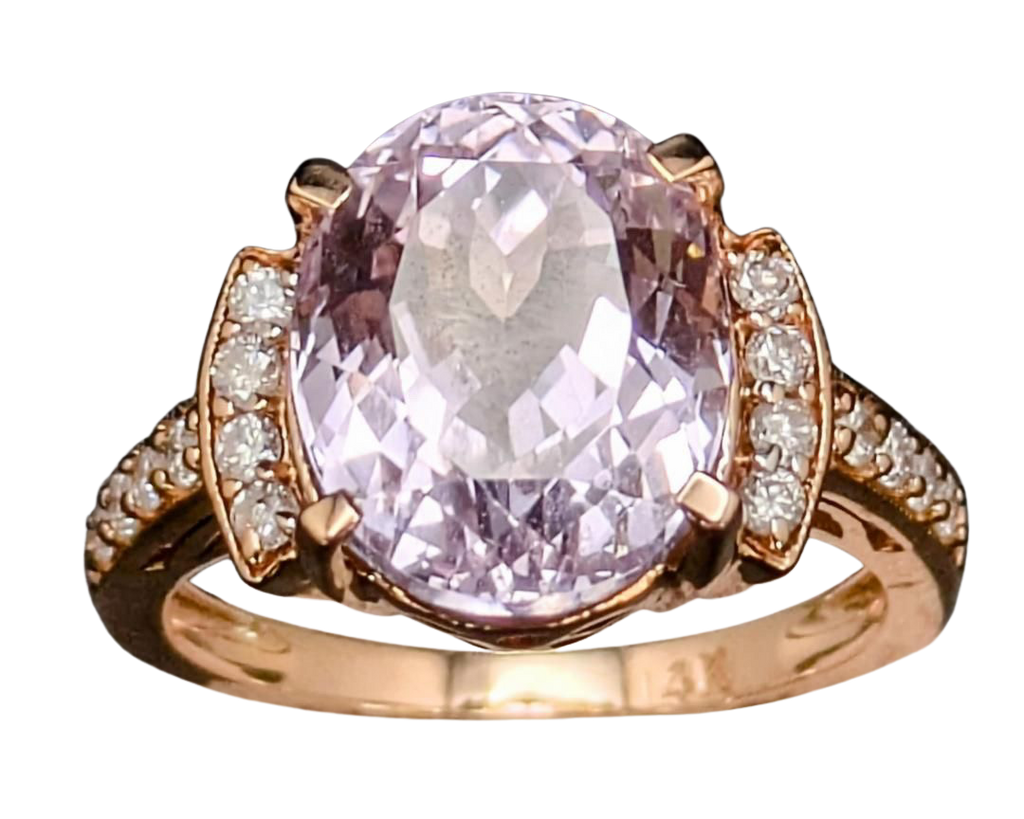 Oval Kunzite Ring with Accenting Diamonds and Filigree Heart Gallery - Yellow Gold