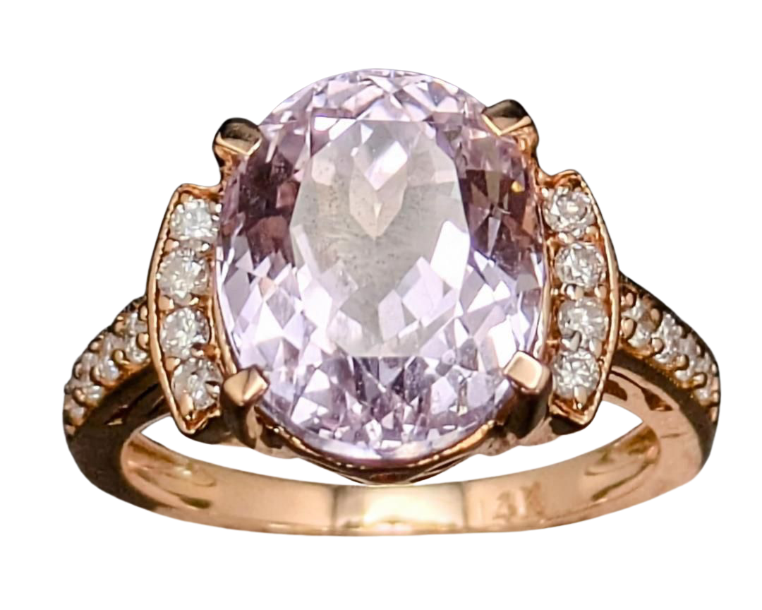 Oval Kunzite Ring with Accenting Diamonds and Filigree Heart Gallery - Yellow Gold