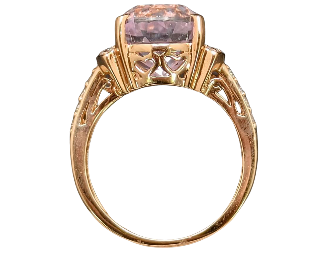 Oval Kunzite Ring with Accenting Diamonds and Filigree Heart Gallery - Yellow Gold