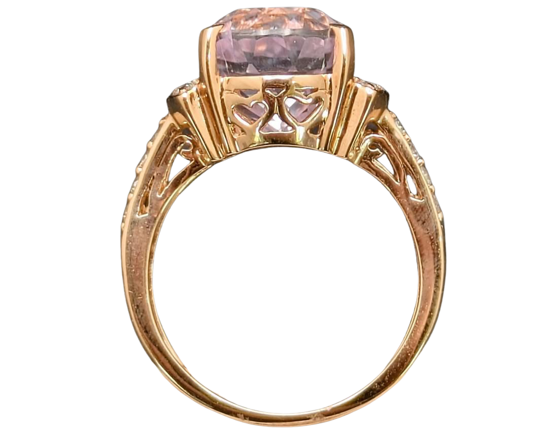 Oval Kunzite Ring with Accenting Diamonds and Filigree Heart Gallery - Yellow Gold