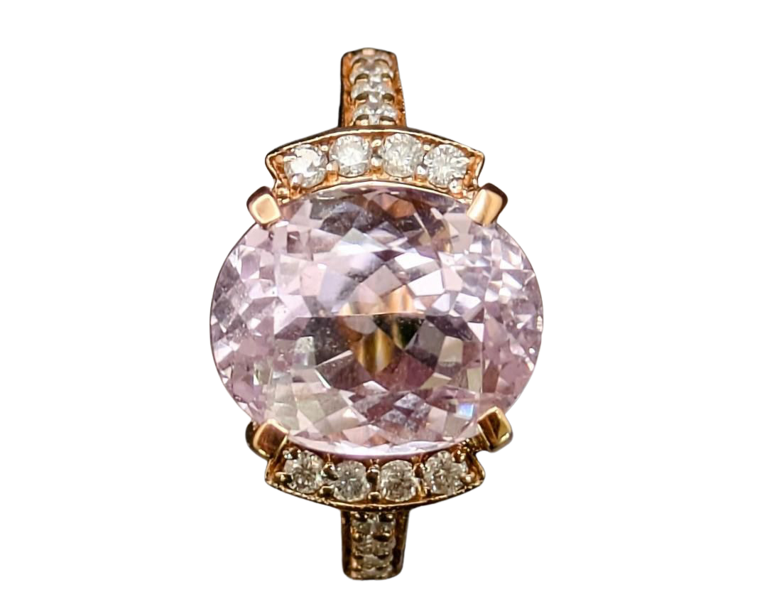 Oval Kunzite Ring with Accenting Diamonds and Filigree Heart Gallery - Yellow Gold