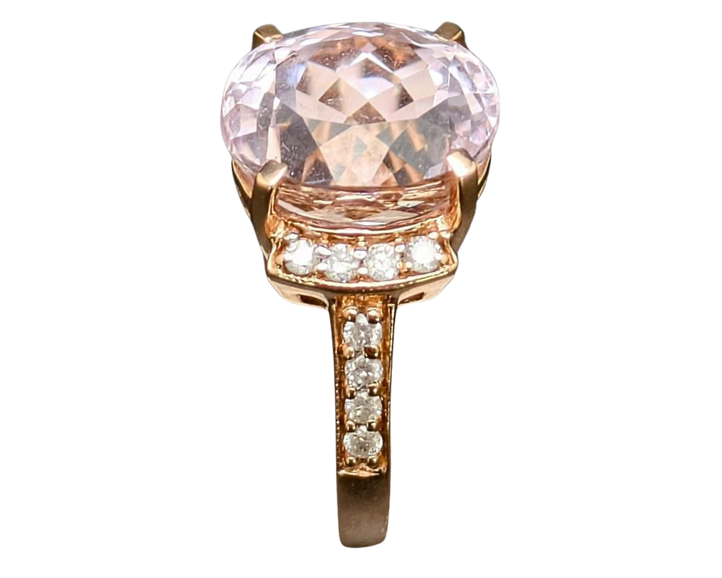 Oval Kunzite Ring with Accenting Diamonds and Filigree Heart Gallery - Yellow Gold