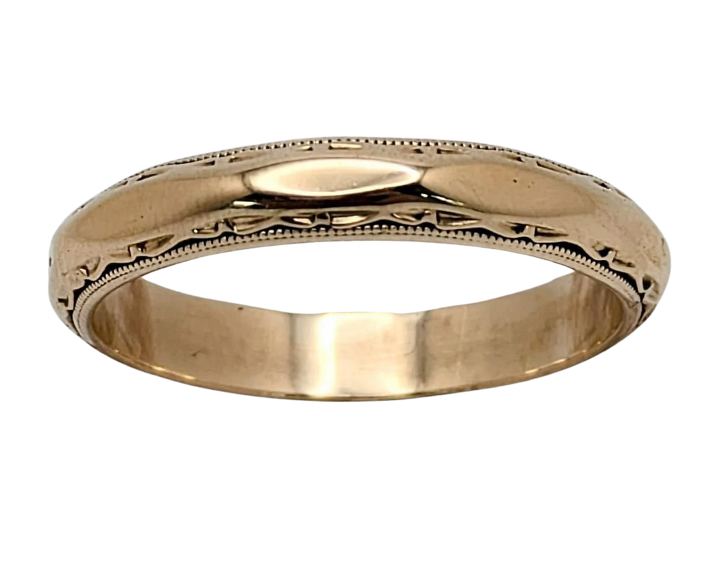 Mid-Century Beveled Edge Band with Milgrain Details - Yellow Gold