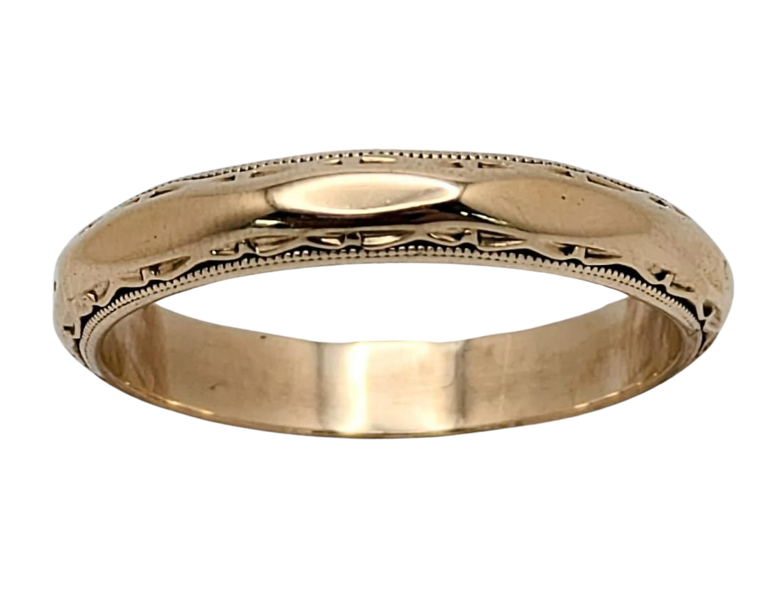 Mid-Century Beveled Edge Band with Milgrain Details - Yellow Gold