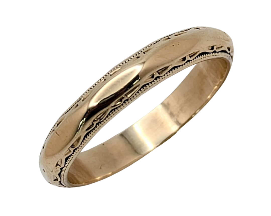 Mid-Century Beveled Edge Band with Milgrain Details - Yellow Gold