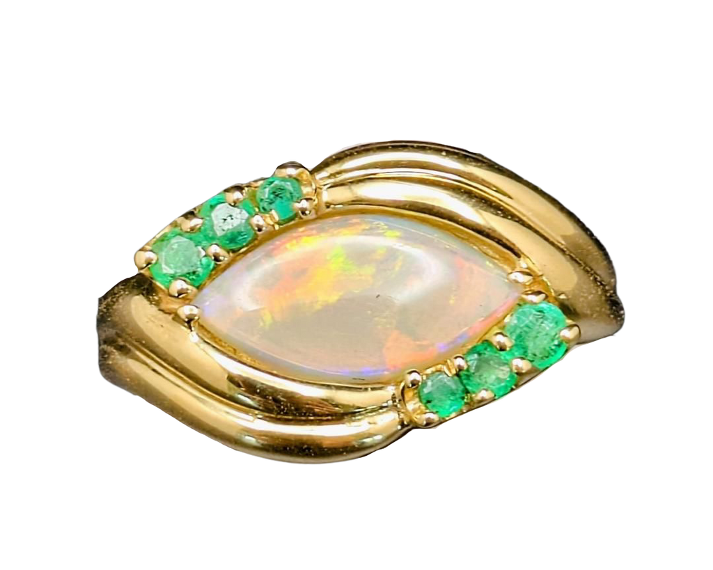 Marquise Opal Bypass Ring with Emerald Accents - Yellow Gold