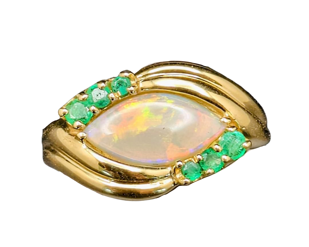 Marquise Opal Bypass Ring with Emerald Accents - Yellow Gold