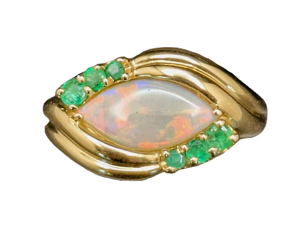 Marquise Opal Bypass Ring with Emerald Accents - Yellow Gold