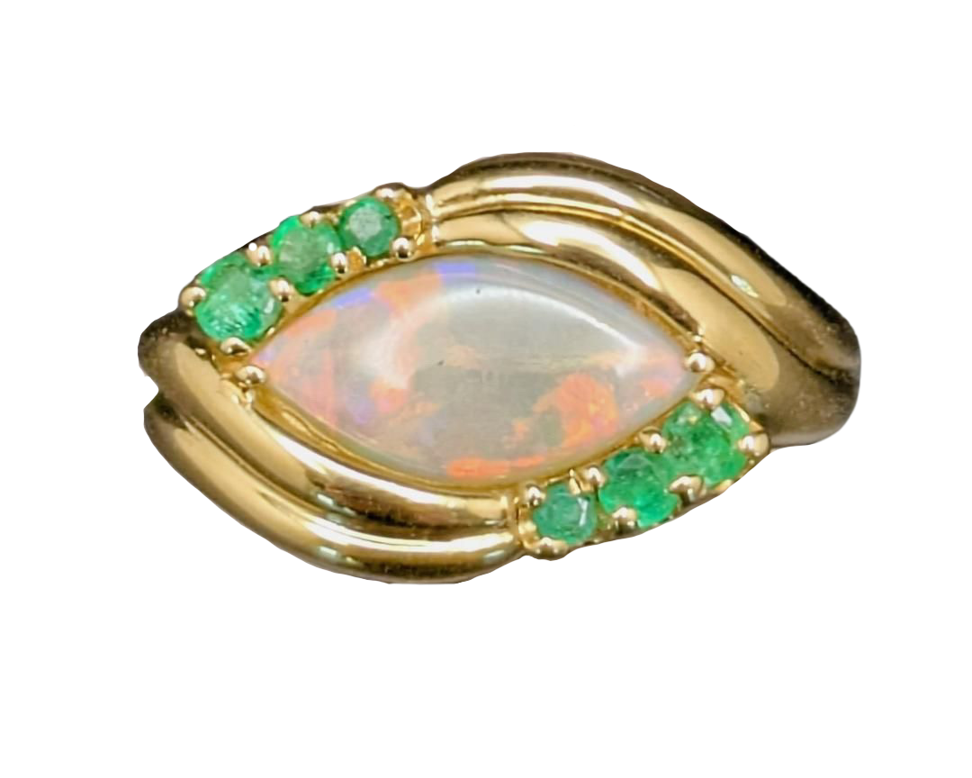 Marquise Opal Bypass Ring with Emerald Accents - Yellow Gold