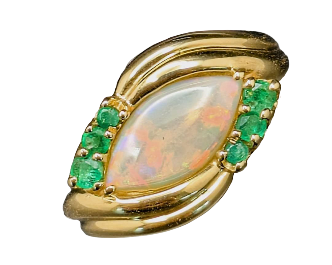 Marquise Opal Bypass Ring with Emerald Accents - Yellow Gold