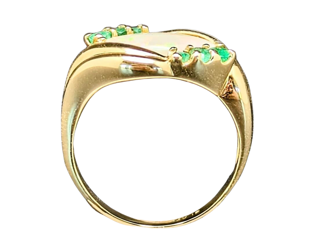Marquise Opal Bypass Ring with Emerald Accents - Yellow Gold