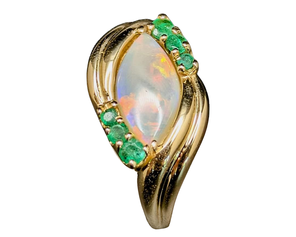 Marquise Opal Bypass Ring with Emerald Accents - Yellow Gold