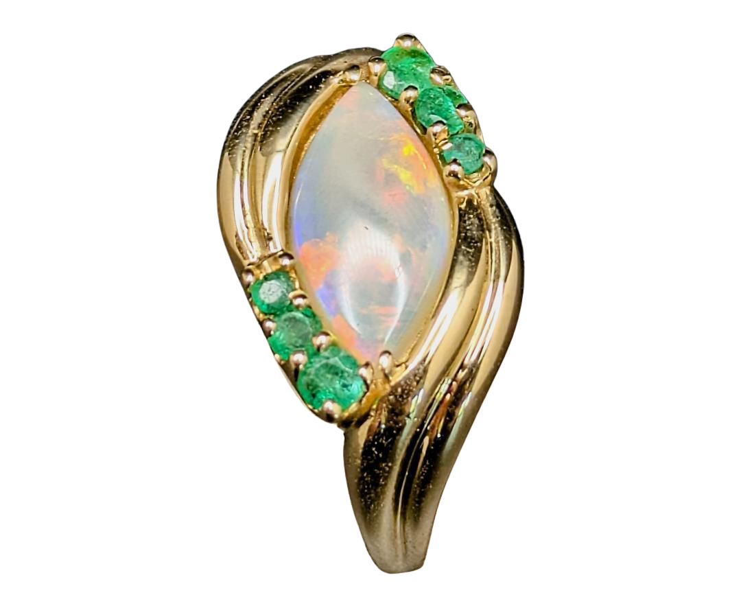 Marquise Opal Bypass Ring with Emerald Accents - Yellow Gold