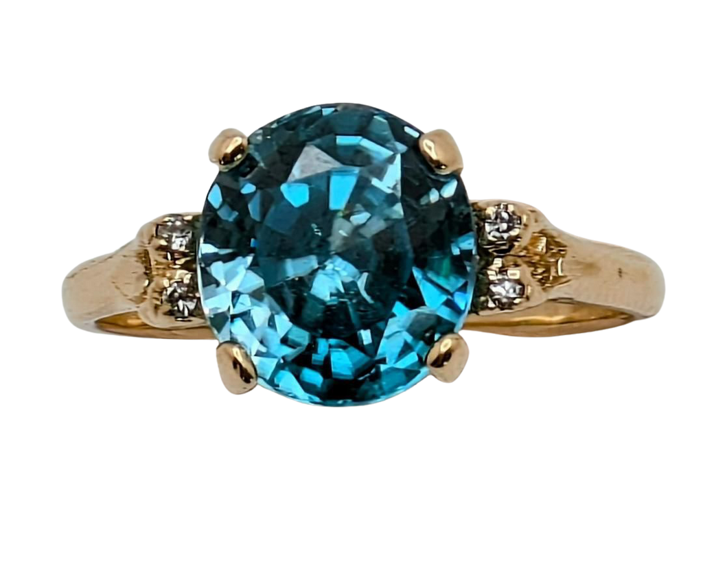 Blue Zircon Ring with Diamond Accents - Yellow Gold
