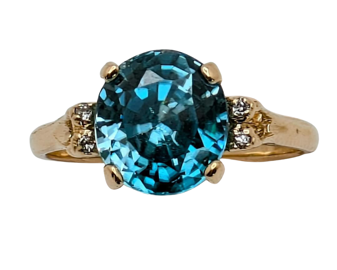 Blue Zircon Ring with Diamond Accents - Yellow Gold