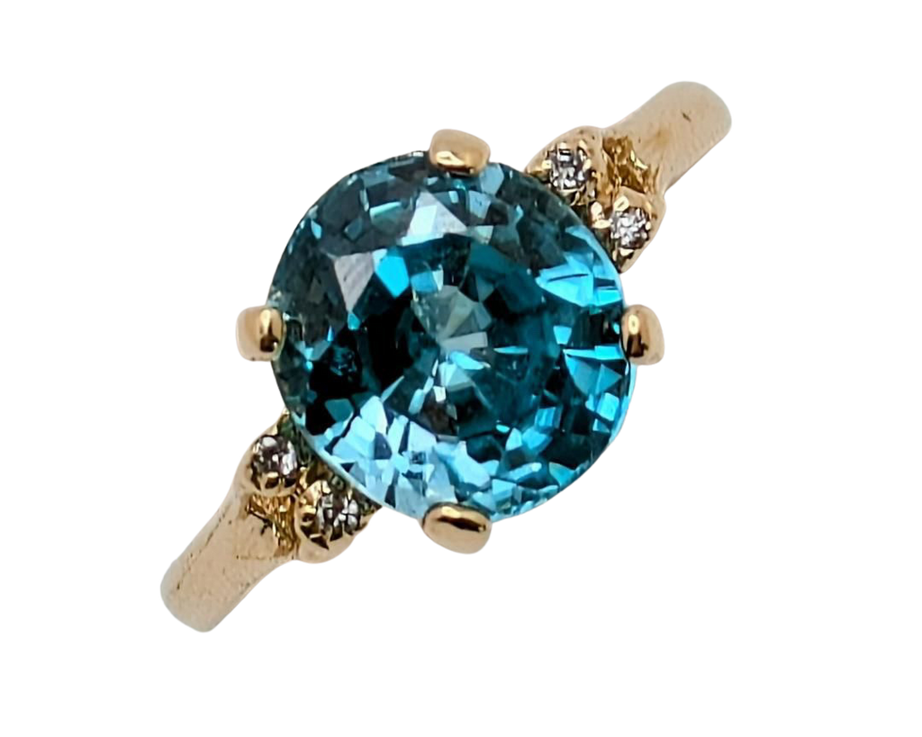 Blue Zircon Ring with Diamond Accents - Yellow Gold