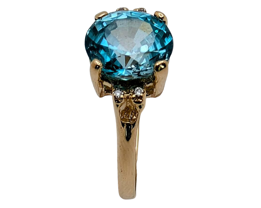 Blue Zircon Ring with Diamond Accents - Yellow Gold