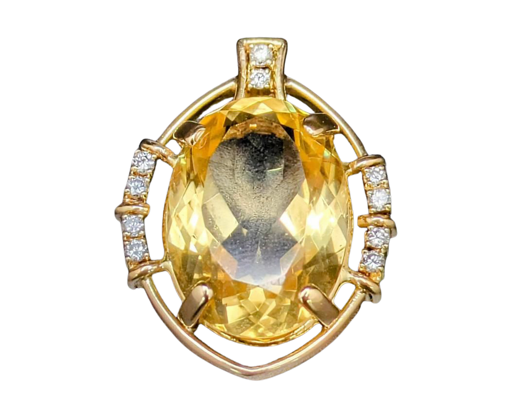 Mid-Century Oval Citrine Pendant with Diamond Accents - Yellow Gold