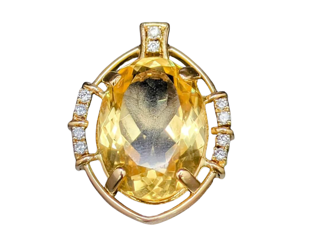 Mid-Century Oval Citrine Pendant with Diamond Accents - Yellow Gold