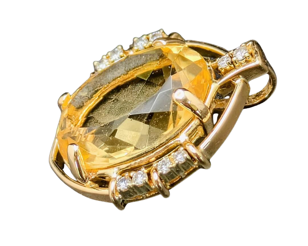 Mid-Century Oval Citrine Pendant with Diamond Accents - Yellow Gold