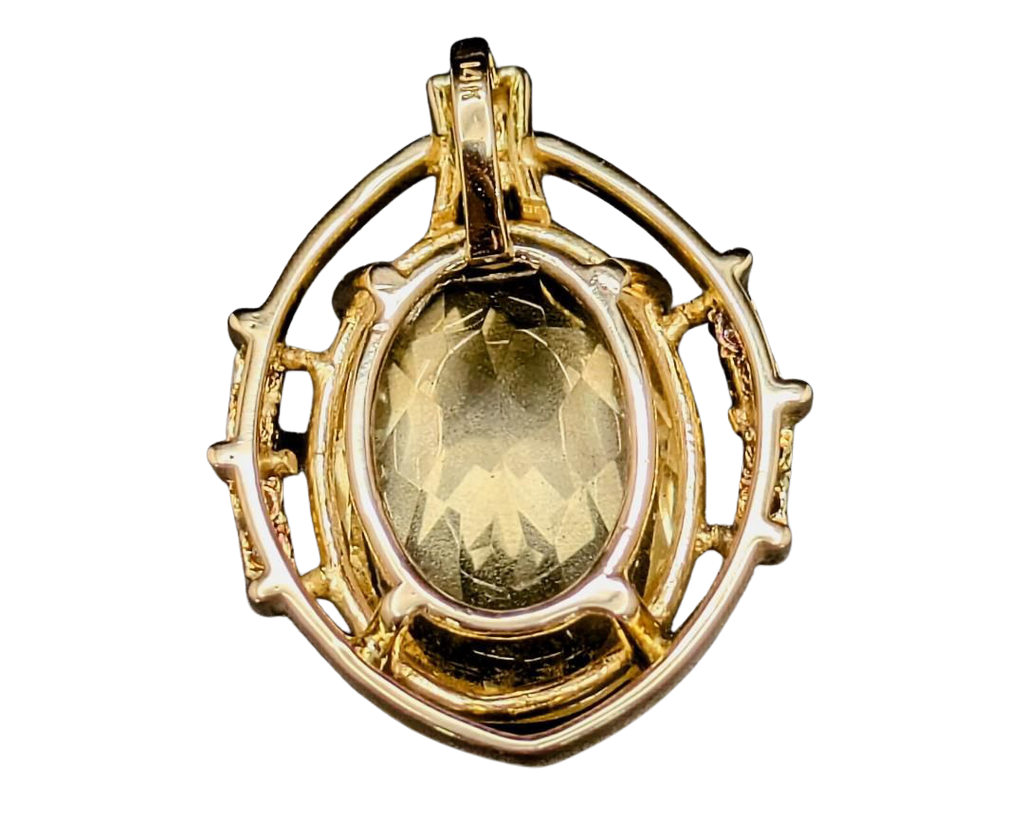Mid-Century Oval Citrine Pendant with Diamond Accents - Yellow Gold