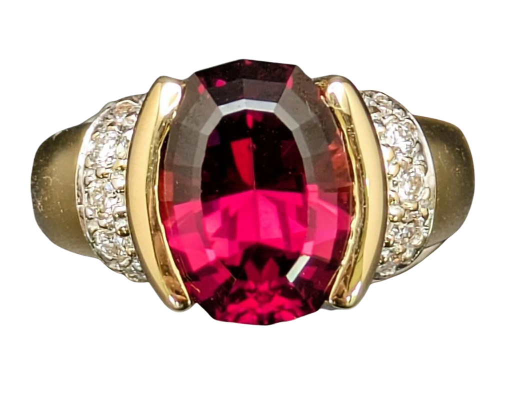 Fancy Cut Oval Rhodolite Garnet Ring with Pave Diamond Accents - Two Tone