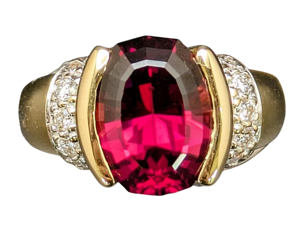 Fancy Cut Oval Rhodolite Garnet Ring with Pave Diamond Accents - Two Tone