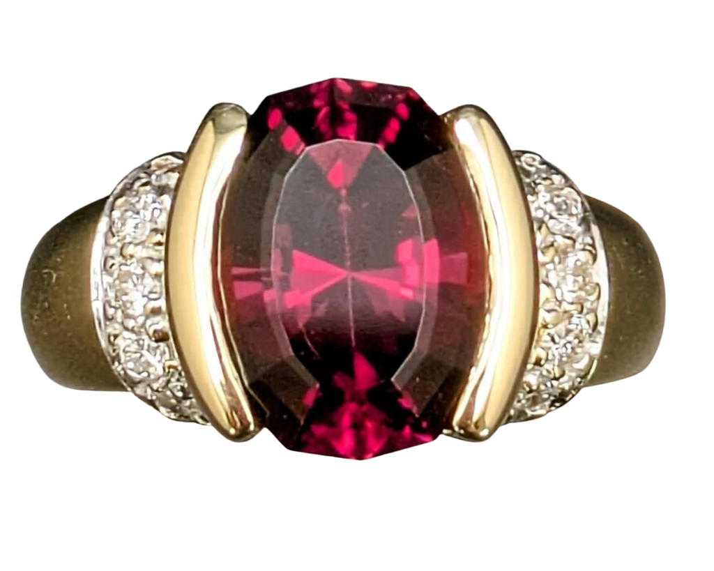 Fancy Cut Oval Rhodolite Garnet Ring with Pave Diamond Accents - Two Tone