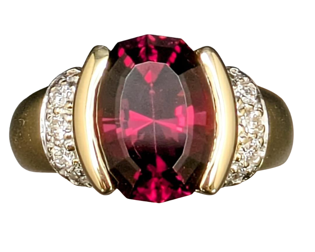 Fancy Cut Oval Rhodolite Garnet Ring with Pave Diamond Accents - Two Tone