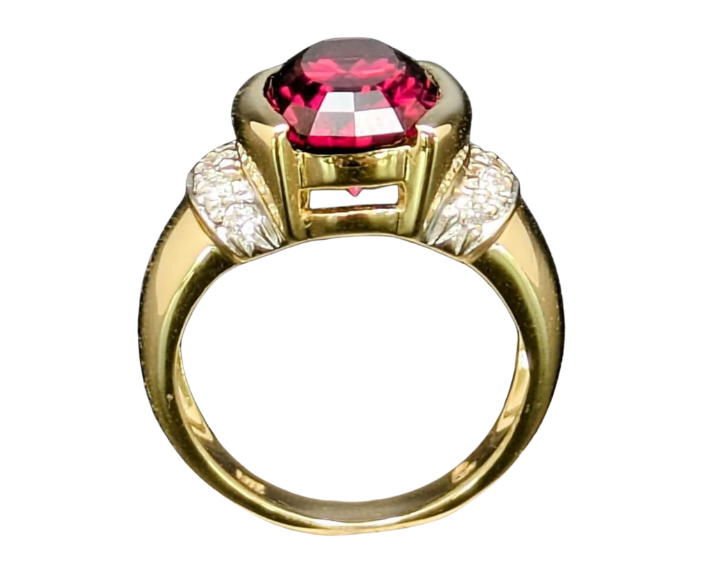 Fancy Cut Oval Rhodolite Garnet Ring with Pave Diamond Accents - Two Tone