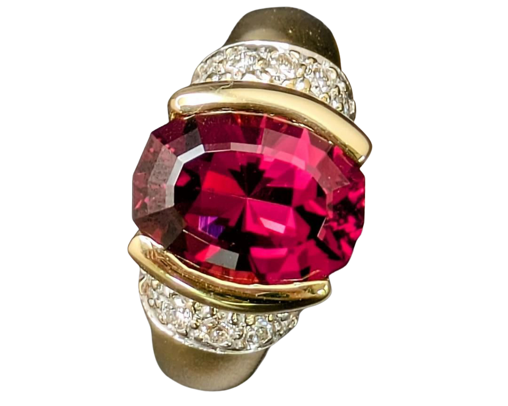 Fancy Cut Oval Rhodolite Garnet Ring with Pave Diamond Accents - Two Tone