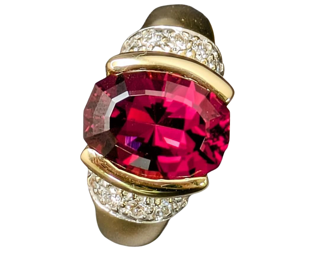 Fancy Cut Oval Rhodolite Garnet Ring with Pave Diamond Accents - Two Tone