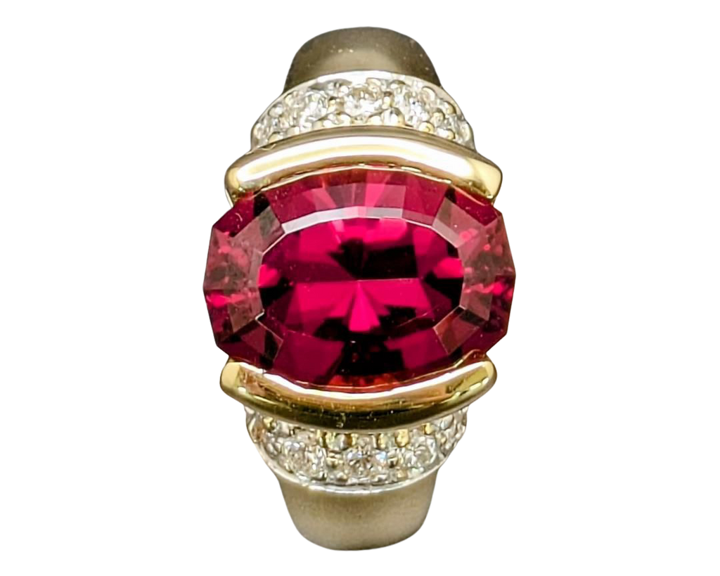 Fancy Cut Oval Rhodolite Garnet Ring with Pave Diamond Accents - Two Tone