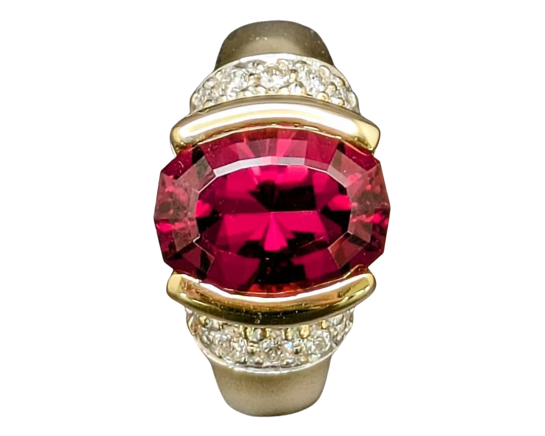 Fancy Cut Oval Rhodolite Garnet Ring with Pave Diamond Accents - Two Tone