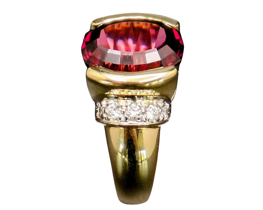 Fancy Cut Oval Rhodolite Garnet Ring with Pave Diamond Accents - Two Tone