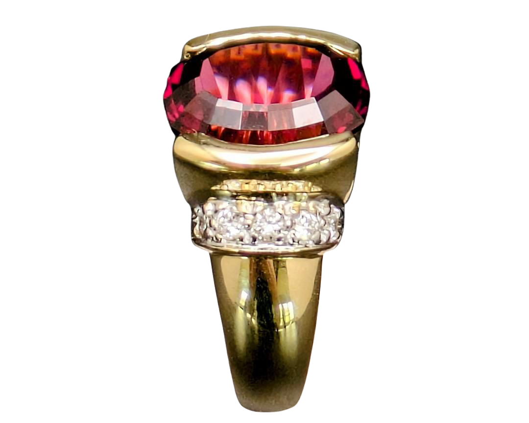 Fancy Cut Oval Rhodolite Garnet Ring with Pave Diamond Accents - Two Tone