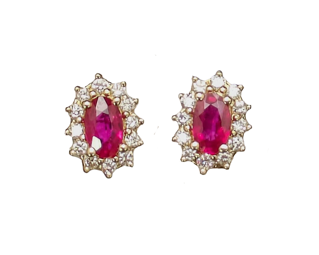 Ruby Stud Earrings with Diamond Halo - Yellow Gold