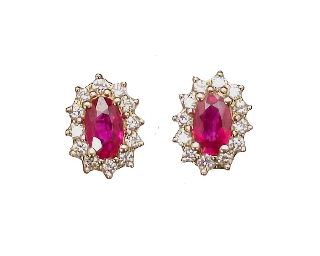 Ruby Stud Earrings with Diamond Halo - Yellow Gold