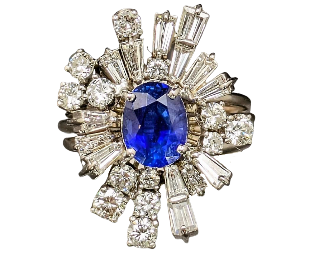 Mid-Century Sapphire and Diamond Ballerina Halo Ring - White Gold