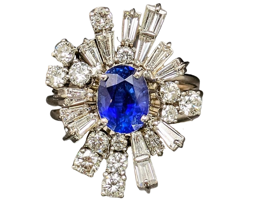Mid-Century Sapphire and Diamond Ballerina Halo Ring - White Gold