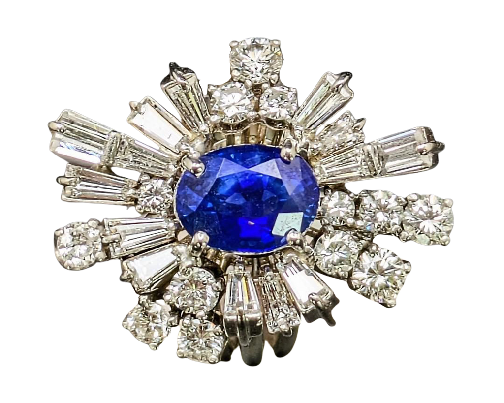 Mid-Century Sapphire and Diamond Ballerina Halo Ring - White Gold
