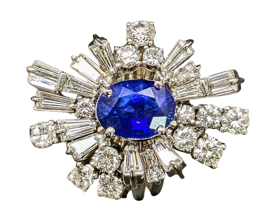Mid-Century Sapphire and Diamond Ballerina Halo Ring - White Gold