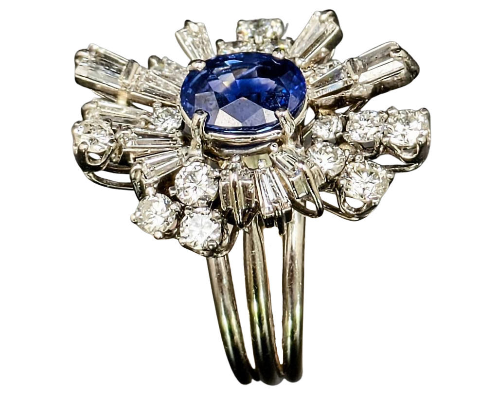 Mid-Century Sapphire and Diamond Ballerina Halo Ring - White Gold